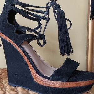New black suede and wood wrap up sandals